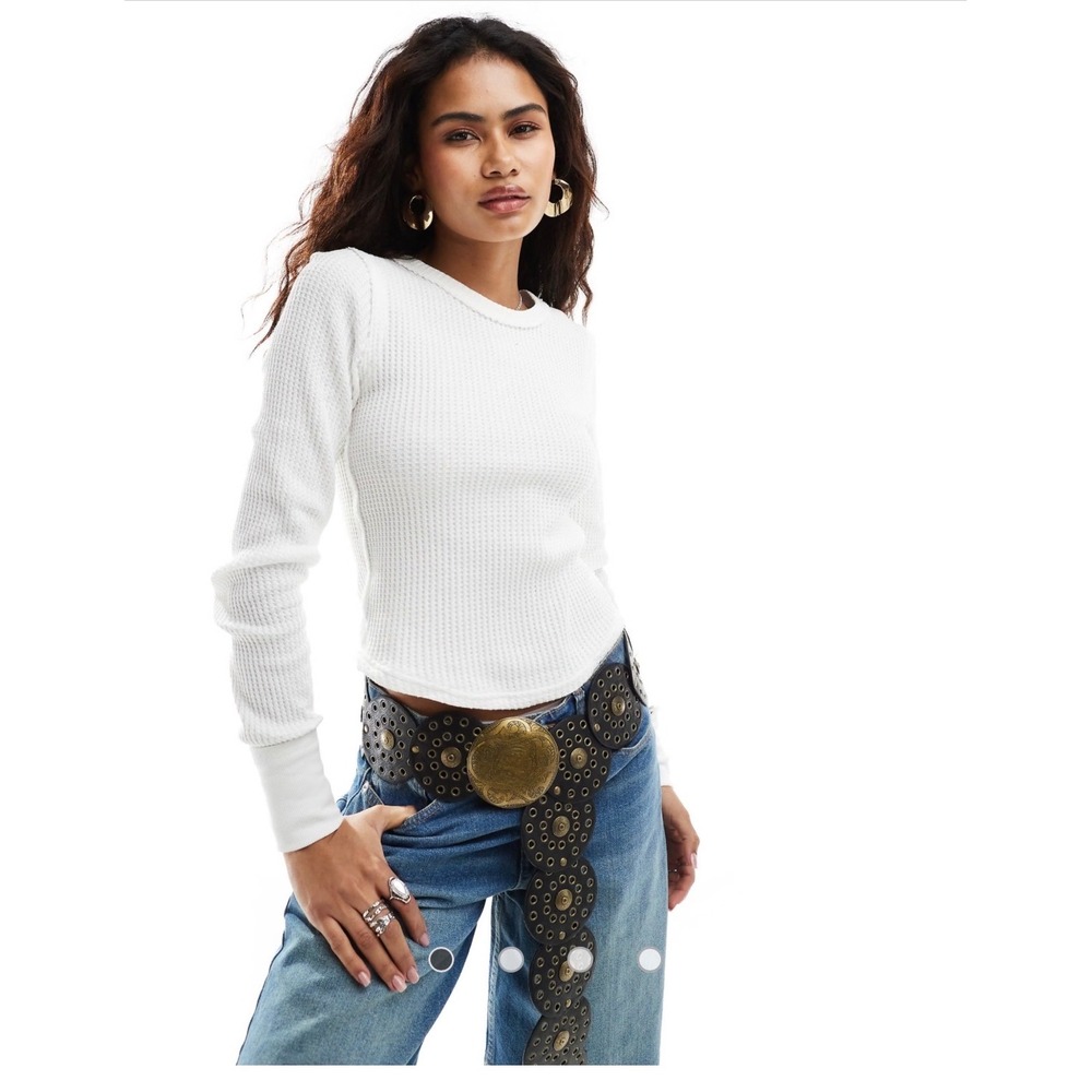 We The Free Free People White Waffle Knit Thermal Thumbhole Top XS